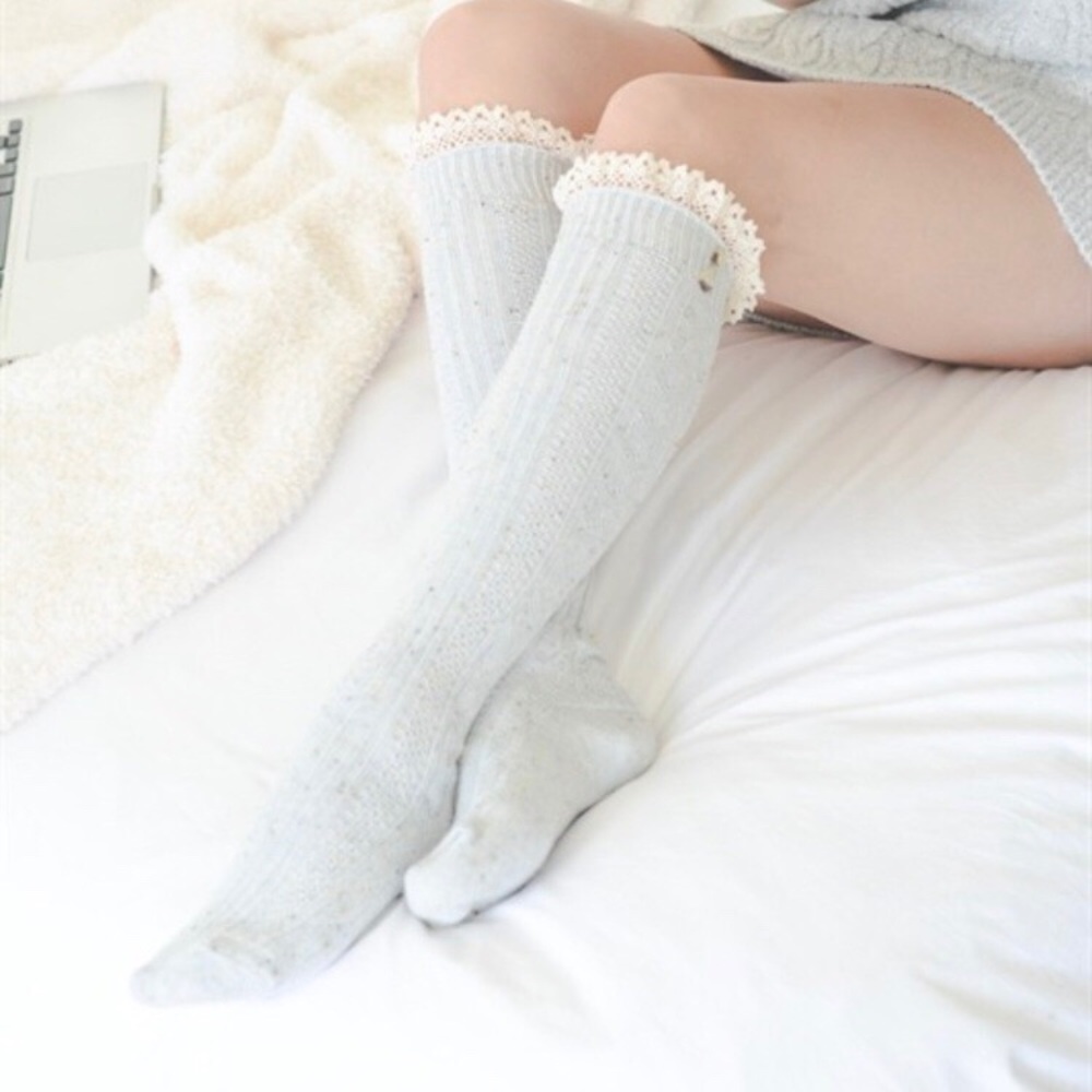 Lace and Button Cuff Knee High Boot Socks